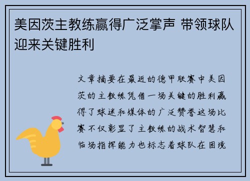 美因茨主教练赢得广泛掌声 带领球队迎来关键胜利