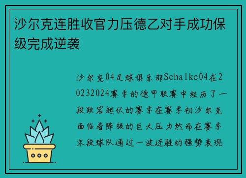 沙尔克连胜收官力压德乙对手成功保级完成逆袭