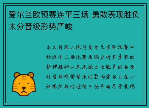 爱尔兰欧预赛连平三场 勇敢表现胜负未分晋级形势严峻
