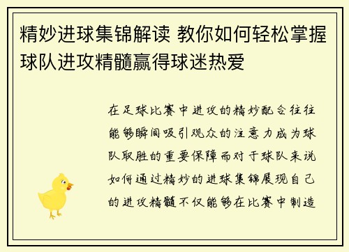 精妙进球集锦解读 教你如何轻松掌握球队进攻精髓赢得球迷热爱