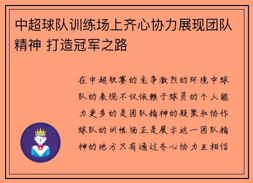 中超球队训练场上齐心协力展现团队精神 打造冠军之路