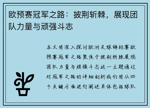 欧预赛冠军之路：披荆斩棘，展现团队力量与顽强斗志