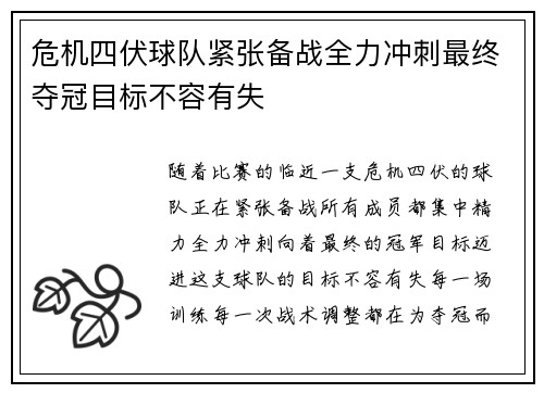 危机四伏球队紧张备战全力冲刺最终夺冠目标不容有失