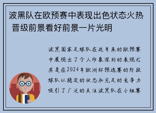 波黑队在欧预赛中表现出色状态火热 晋级前景看好前景一片光明