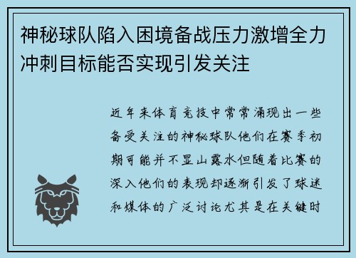 神秘球队陷入困境备战压力激增全力冲刺目标能否实现引发关注